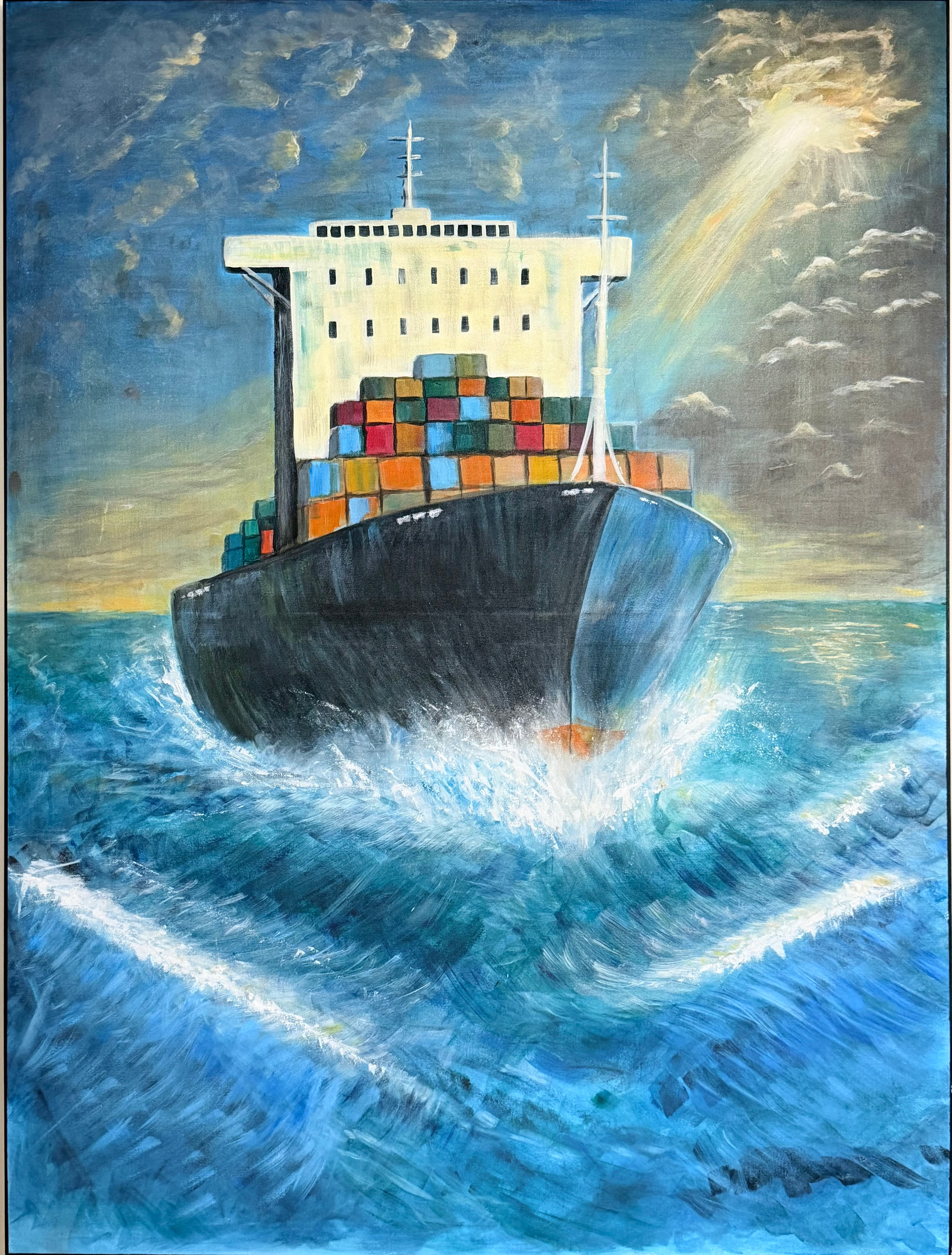 Boat sailing through vast ocean of high tides ! Balancing life. (Acrylic on Canvas)